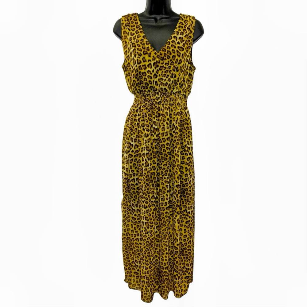 Enfocus Studio Womens 10 Leopard Maxi Dress Sleeveless Side Slits Lined Sheer